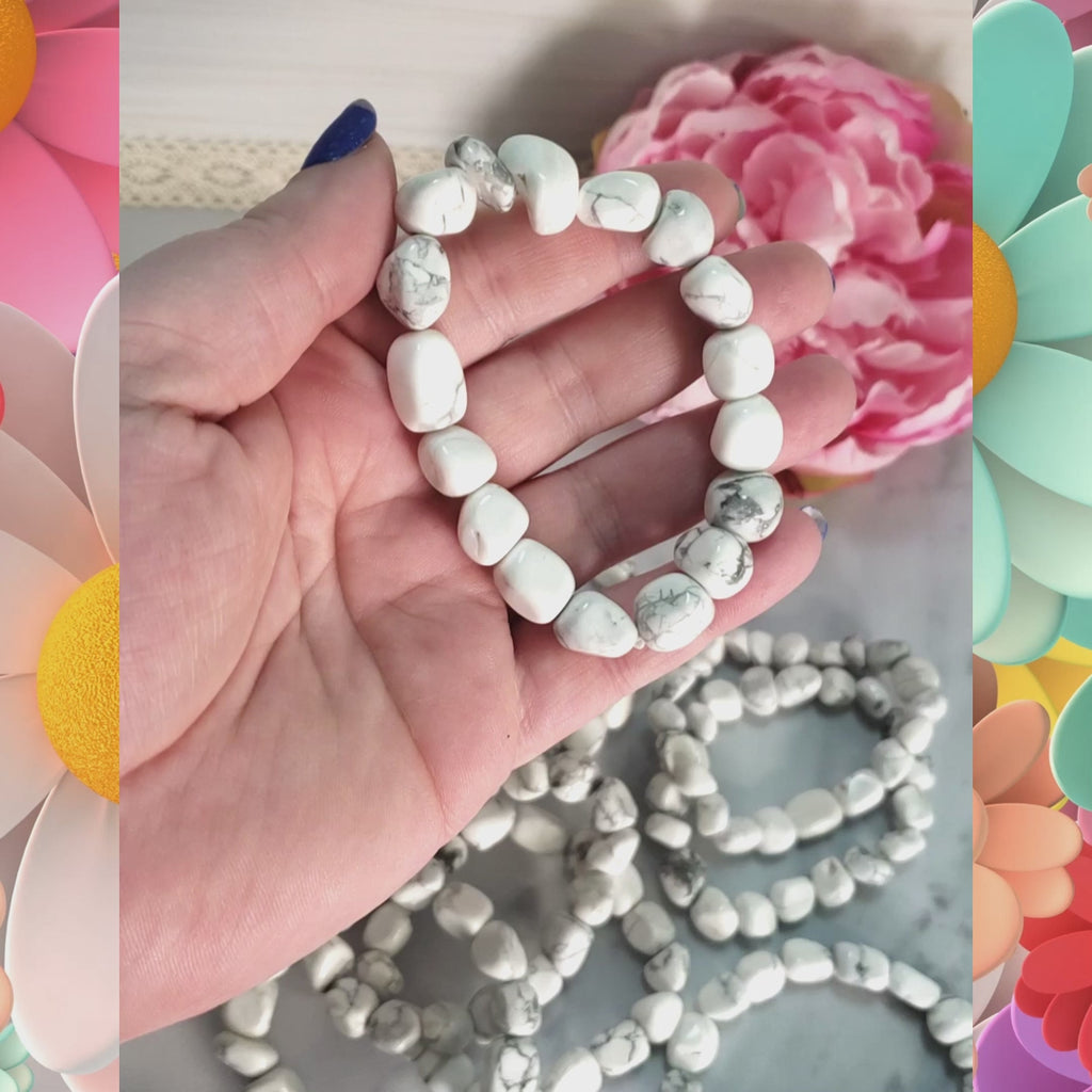 White Howlite Crystal Natural Gemstone Nugget Bead Bracelet - Video