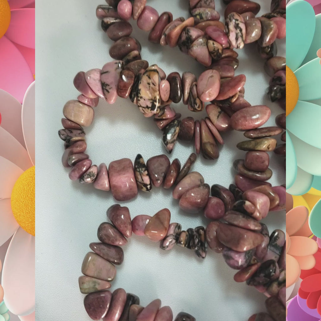 Rhodonite Crystal Natural Gemstone Nugget Bead Bracelet - Video