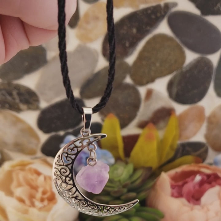 Amethyst Crescent Moon Gemstone Pendant Necklace - Video