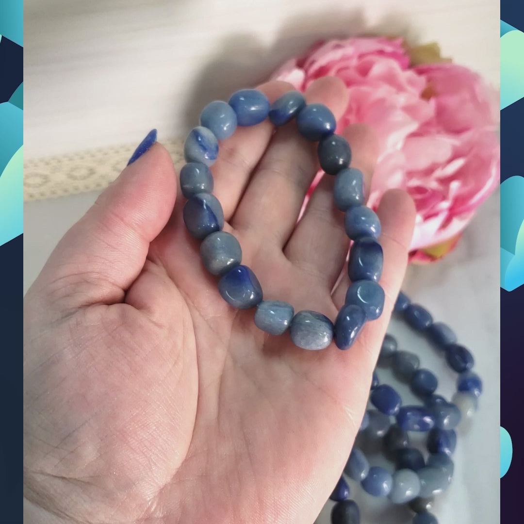 Blue Quartz Crystal Natural Gemstone Nugget Stretch Bracelet - Video