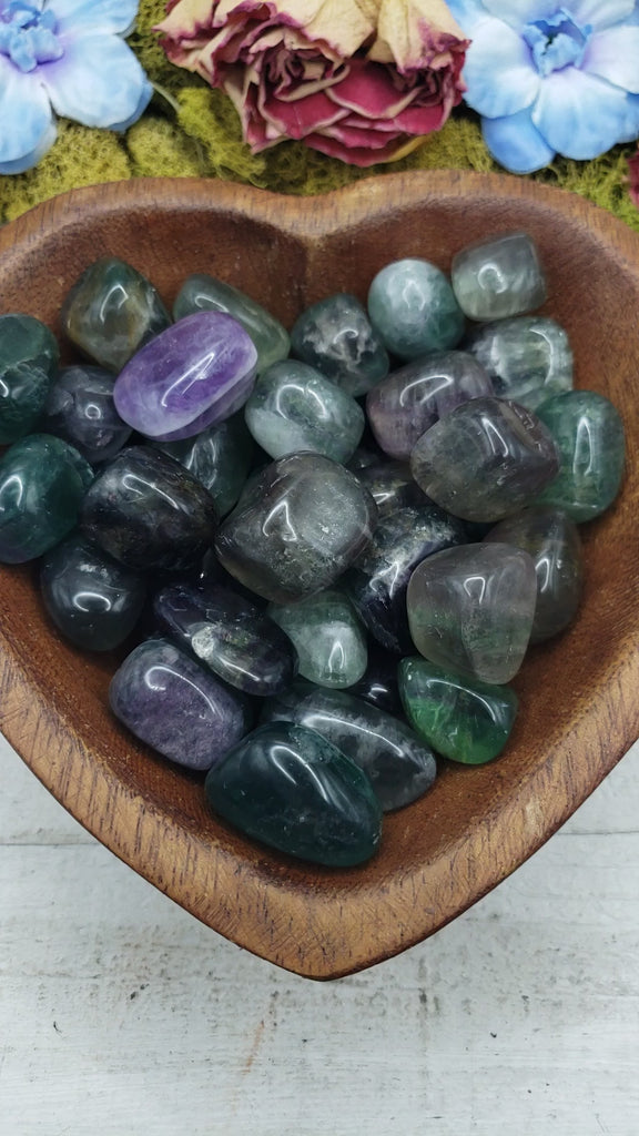 fluorite stones in heart-shaped bowl