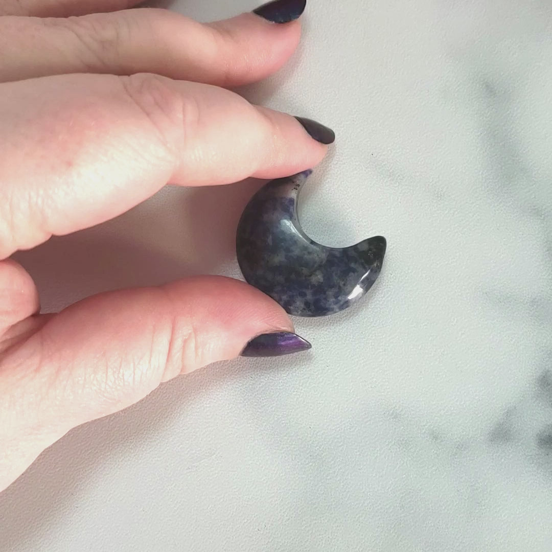 Sodalite Crystal Natural Gemstone Crescent Moon Carving Fidget Stone - Video