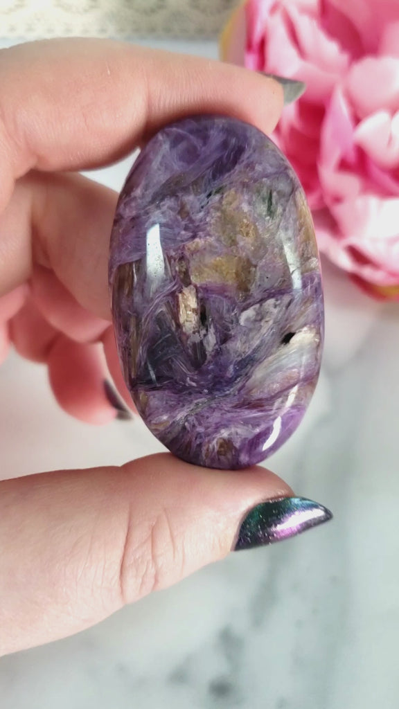 Unique Charoite Stone with Tokkoite Natural Crystal Palm Stone | Future - 4