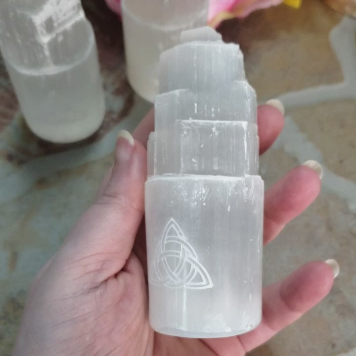 White Selenite Crystal Tower - Engraved with Triquetra - Video