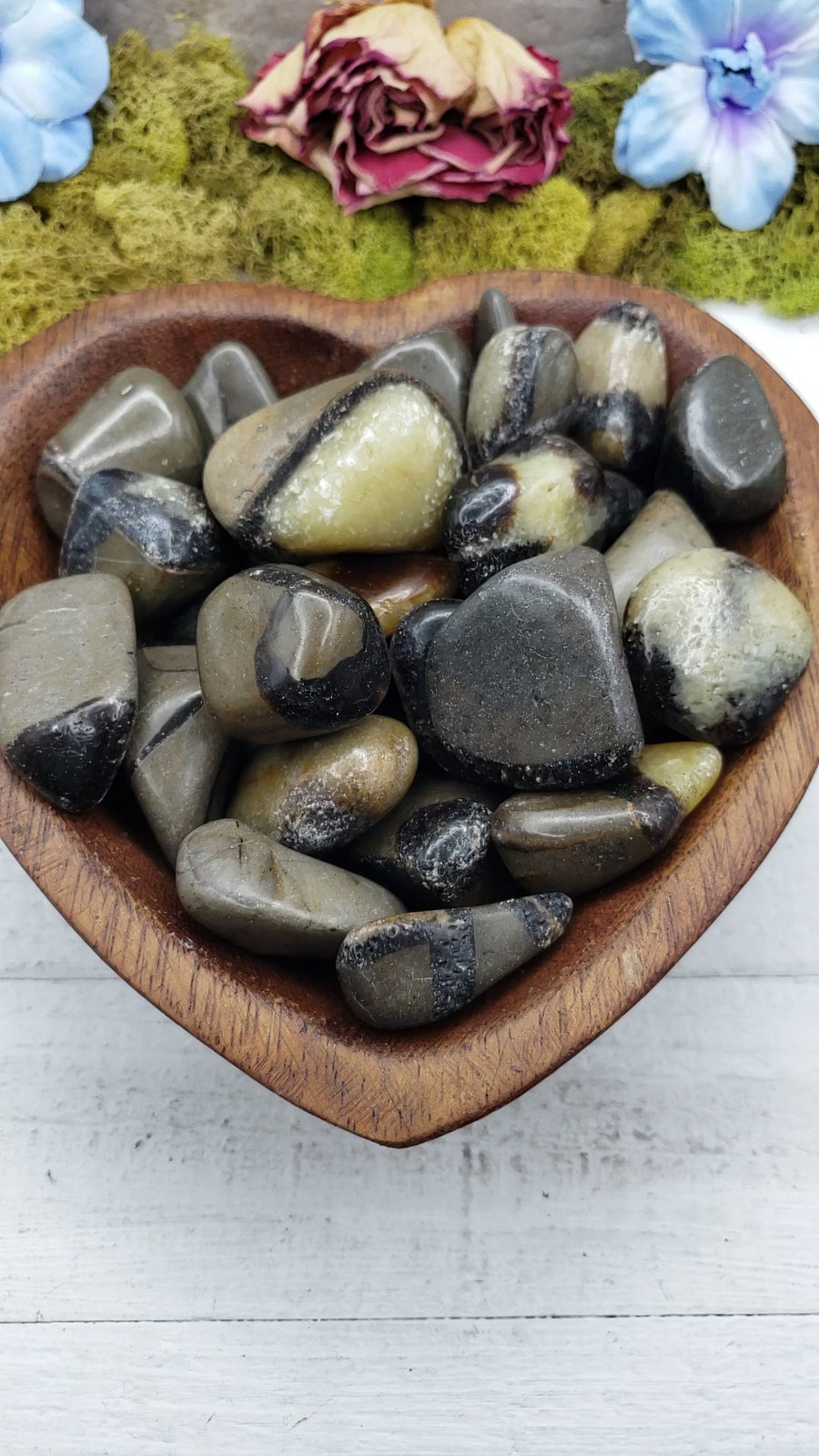 septarian stones in heart-shaped bowl
