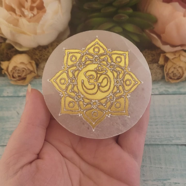 Golden Om Symbol Selenite Crystal Altar Tile Charging Plate - Video