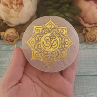 Golden Om Symbol Selenite Crystal Altar Tile Charging Plate - Video