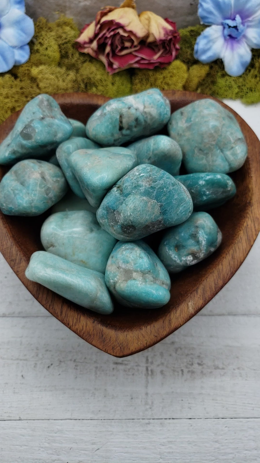 amazonite crystals in heart-shaped bowl