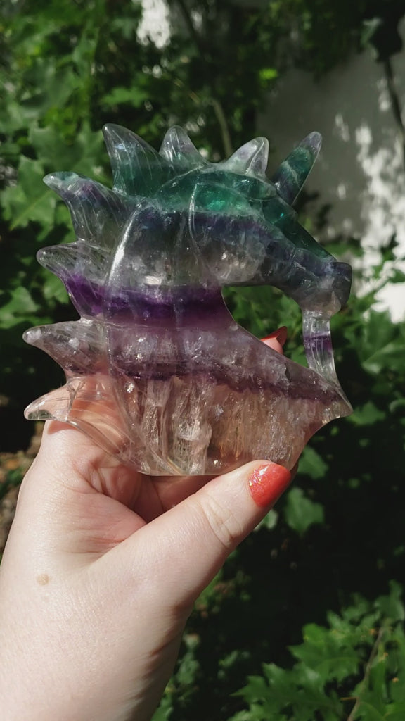 Unique Rainbow Fluorite Crystal Natural Gemstone Unicorn Carving - Argo - Video