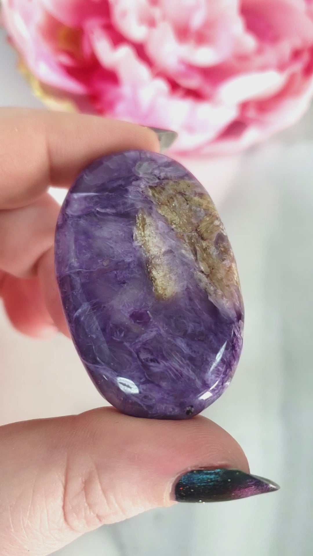 Unique Charoite Stone with Tokkoite Natural Crystal Palm Stone | Soul - 3