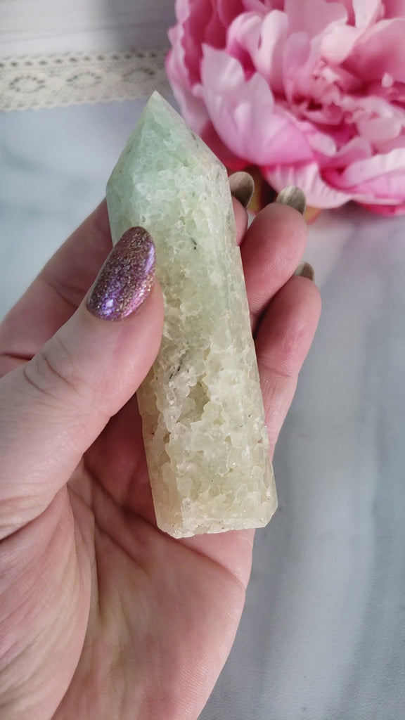 Unique Yellow-Green Prehnite Crystal Tower Natural Gemstone Point | Leaf - 3