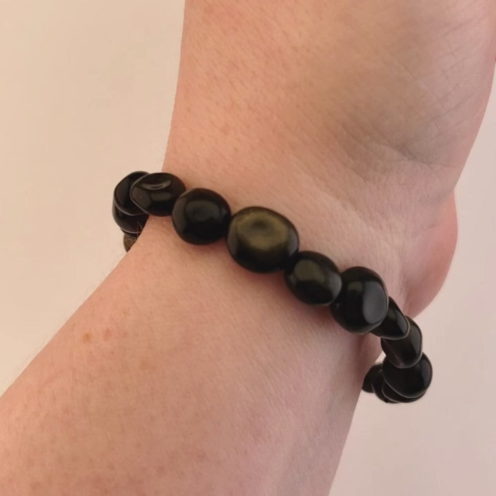 Gold Sheen & Black Obsidian Natural Nugget Bead Bracelet - On Wrist Video