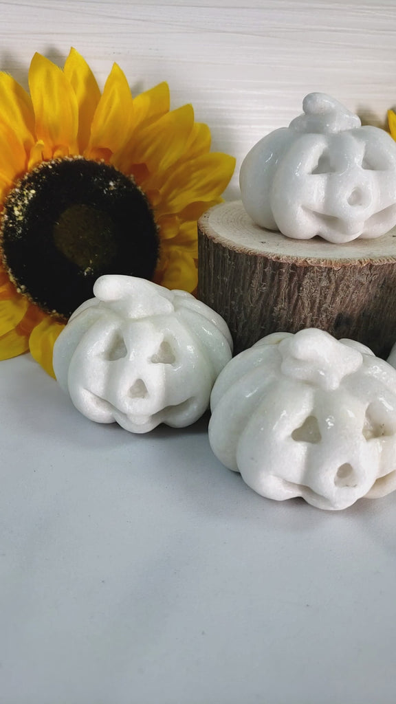 Milky Quartz Crystal Carving Natural Gemstone Jack-O-Lantern | Calming Pumpkin - Autumn Decor