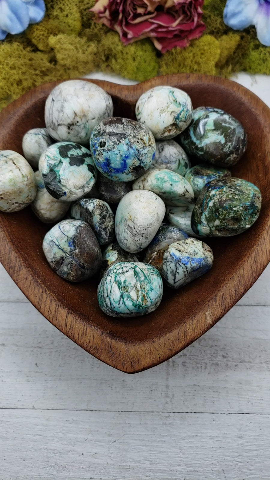 azurite malachite stones in heart-shaped bowl