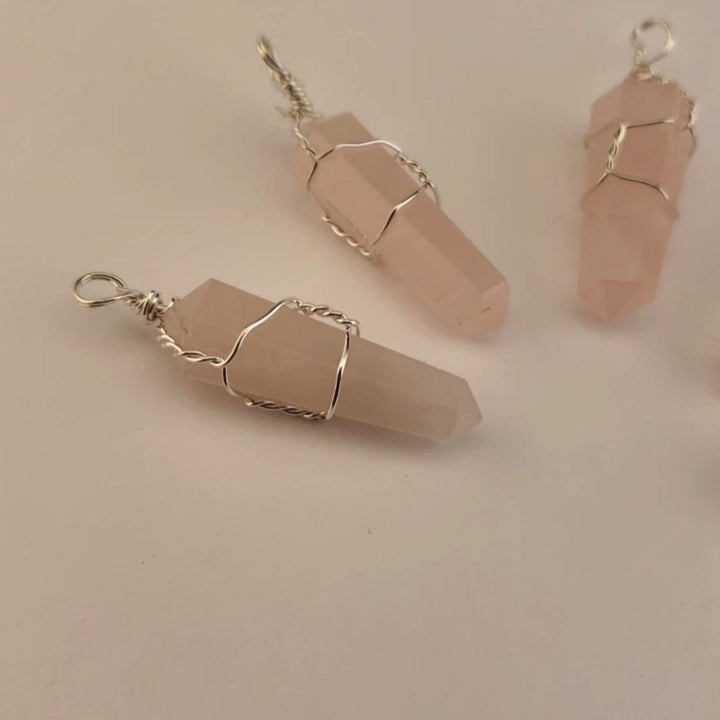 Rose Quartz Crystal Point Wire Wrapped Jewelry Gemstone Pendant - Video
