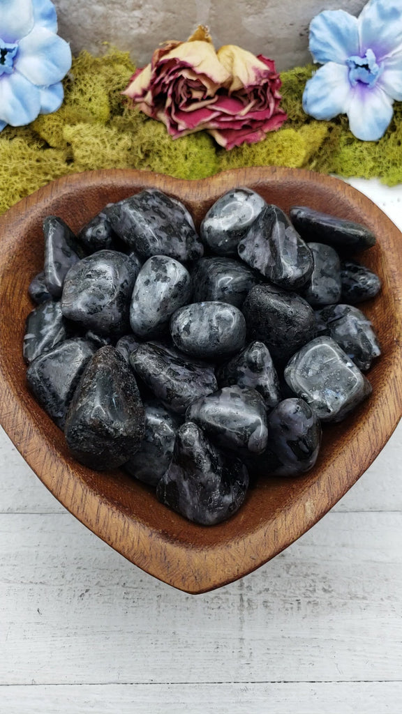 merlinite indigo gabbro stones in heart-shaped bowl