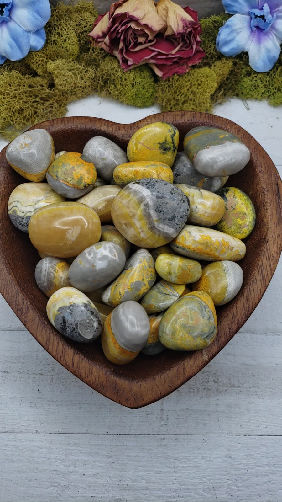 Bumblebee Jasper crystals in heart-shaped bowl