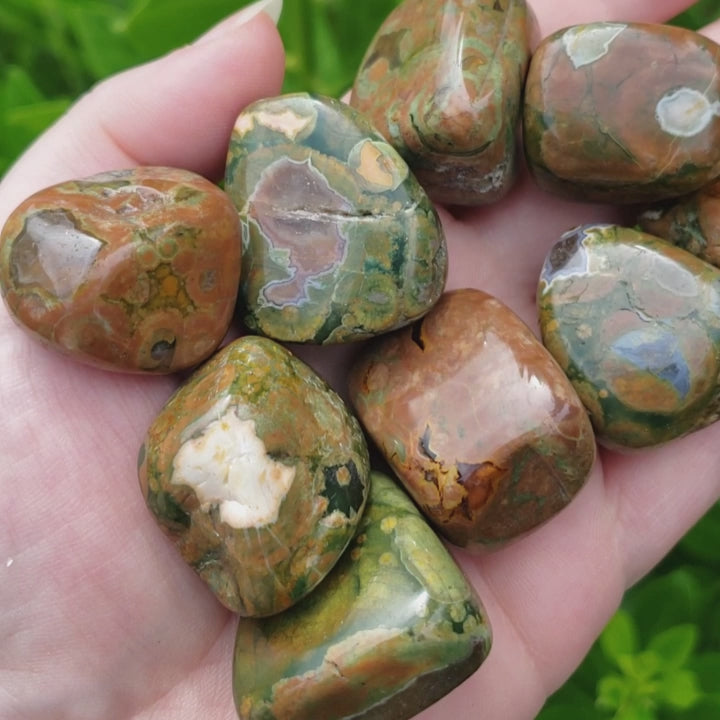 Earthy Rainforest Rhyolite Natural Tumbled Stone - One Stone - Video