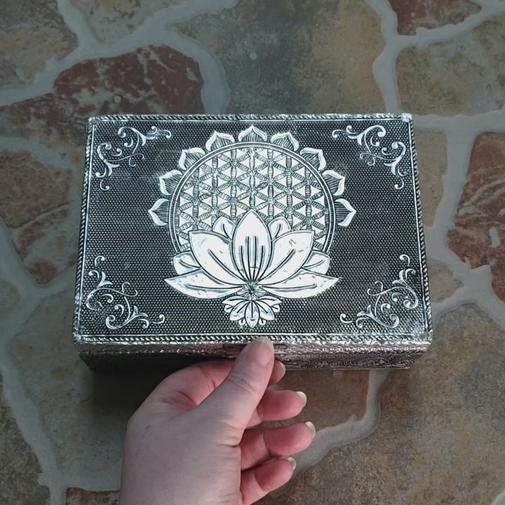 Lotus Flower of Life Embossed Metal Over Wooden Decorative Storage Box - 6.75 x 4.75 inches - Video