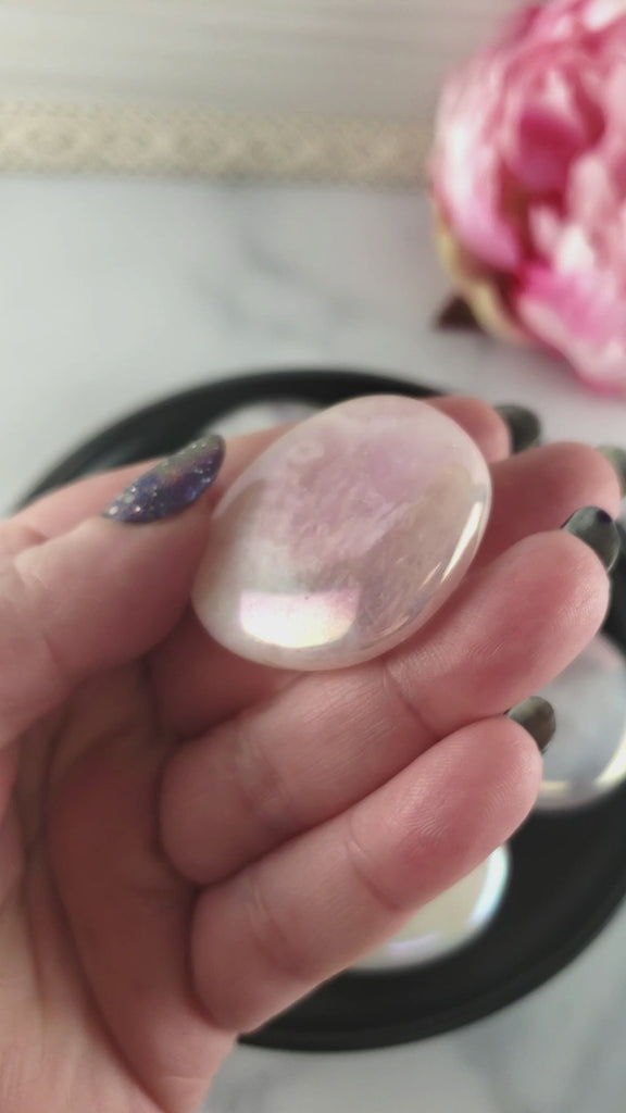 Angel Aura Rose Quartz Crystal Titanium Aura Coated Palm Stone for Meditation - Heart Chakra Stone - 2