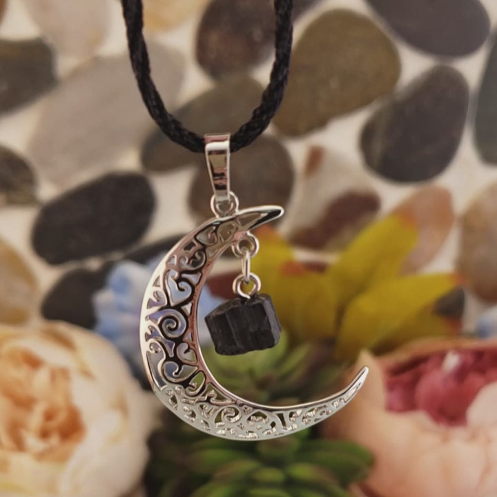 Black Tourmaline Crescent Moon Gemstone Pendant Necklace - Video