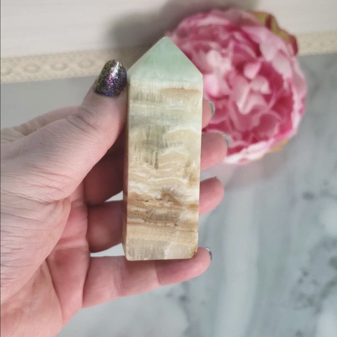 Unique Banded Pistachio Green Calcite Natural Crystal Tower - Seaside - Video