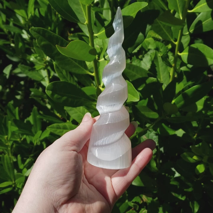 White Selenite Unicorn Horn Spiral Crystal Tower - One 5.5 Inch Tower - Video