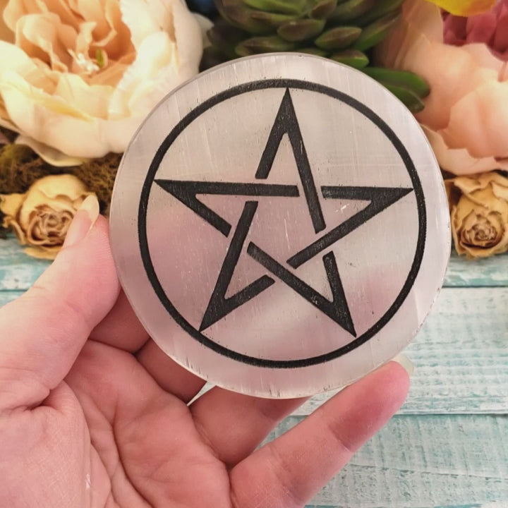 Black Pentacle Symbol Selenite Crystal Altar Tile Charging Plate - Video