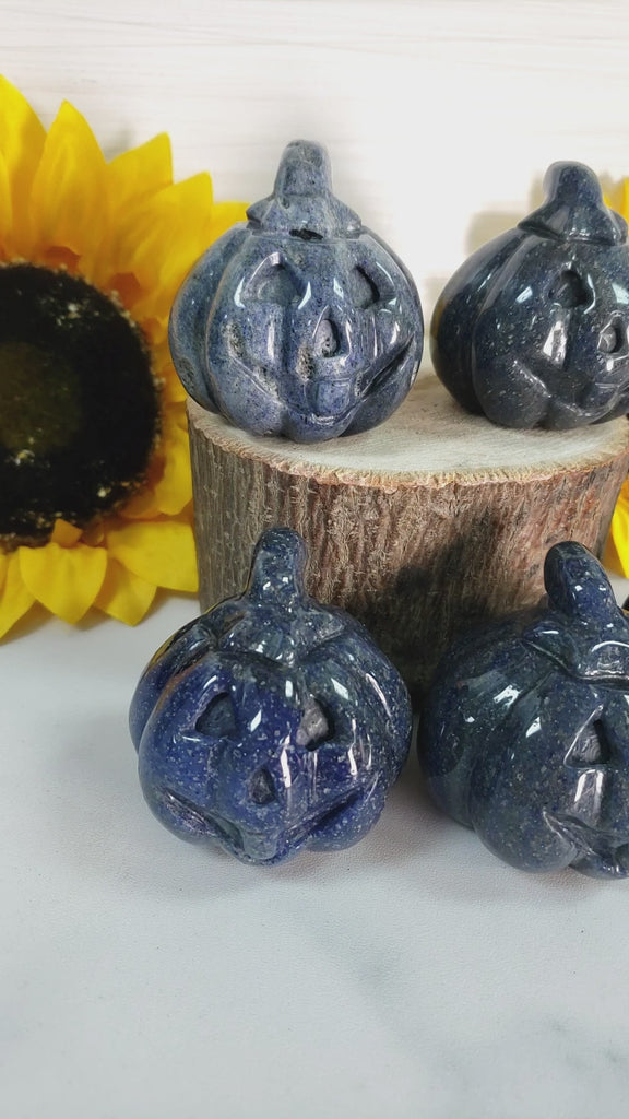 Blue Quartz Crystal Carving Natural Gemstone Jack-O-Lantern | Focused Pumpkin - 3