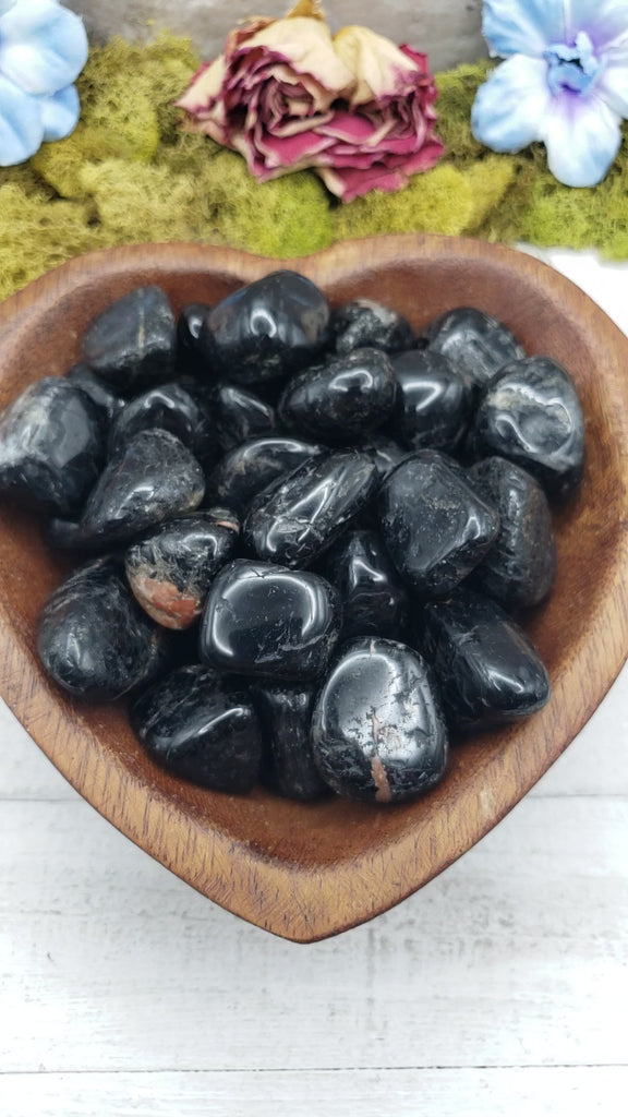 video of black tourmaline crystals in heart bowl