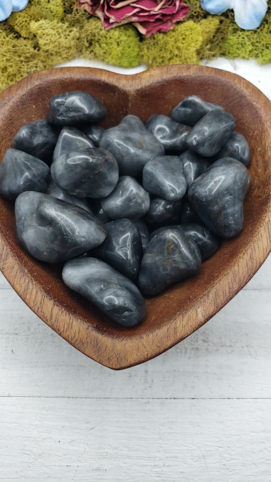 Silver Mist Grey Jasper stones in heart-shaped bowl