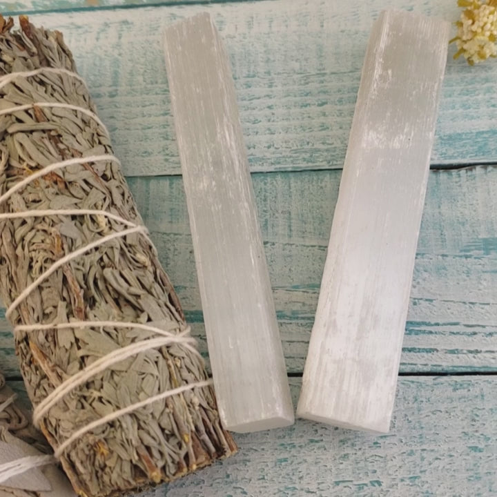 Cleansing Set - White Sage Bundle, Blue Sage Bundle, 2 Selenite Crystal Sticks - Video
