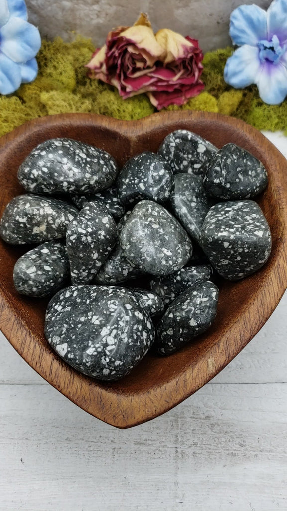 Guinea Fowl Jasper stones in heart-shaped bowl