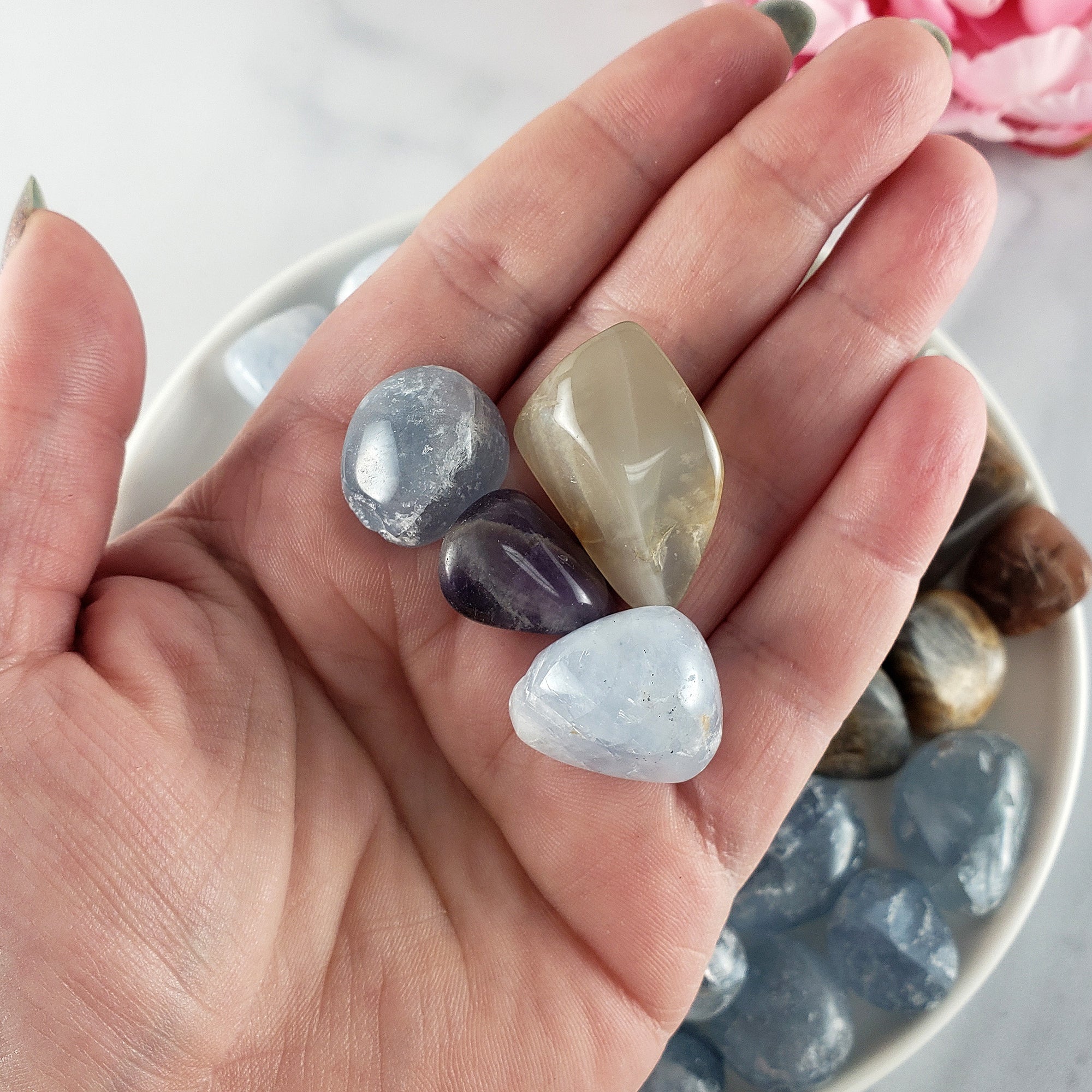 Tumbled Stones Natural Crystal Set for Intuition & Spiritual Wisdom | Blue Calcite, Moonstone, Amethyst, Celestite - Good Dreams, Lucid Dreaming