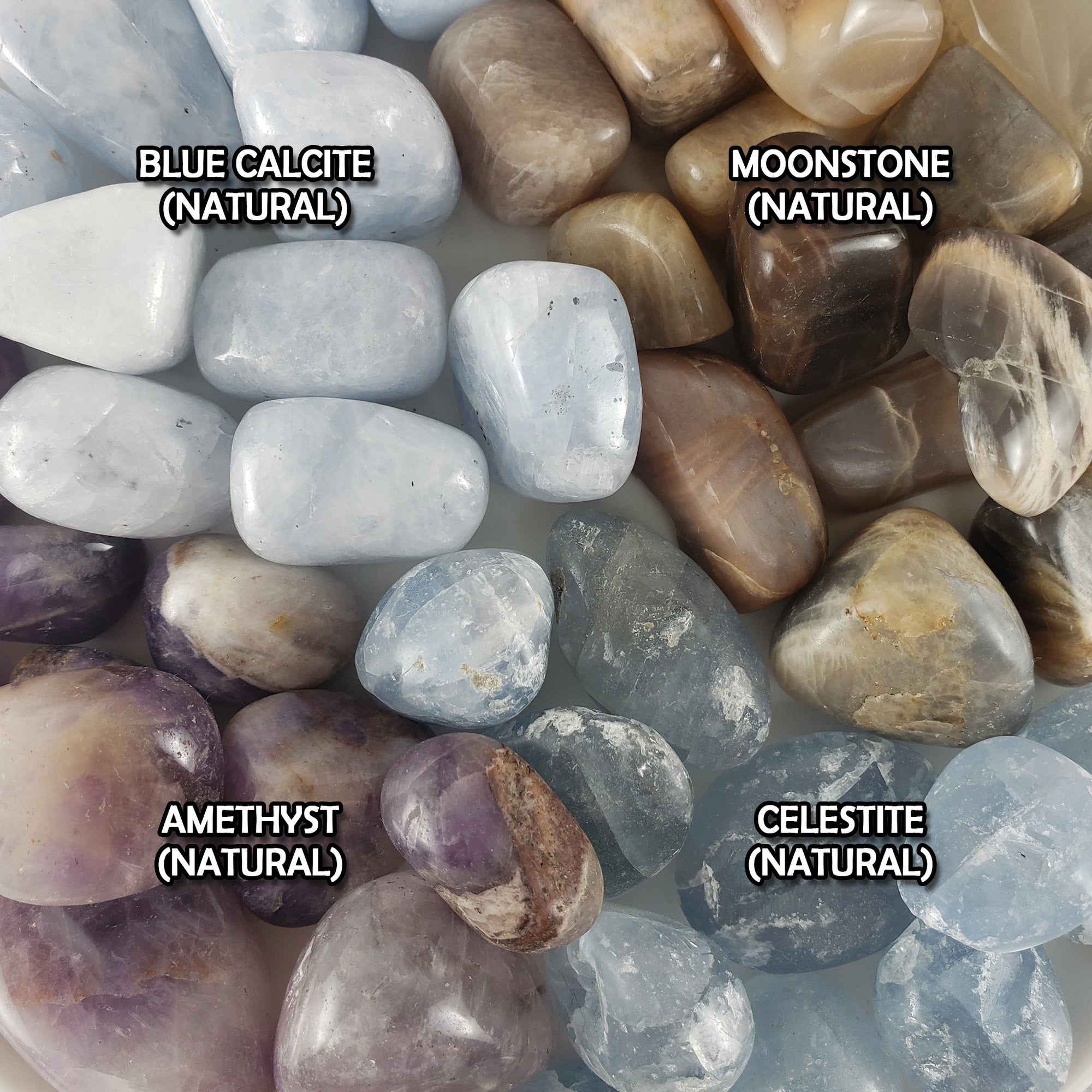 Tumbled Stones Natural Crystal Set for Intuition & Spiritual Wisdom | Blue Calcite, Moonstone, Amethyst, Celestine
