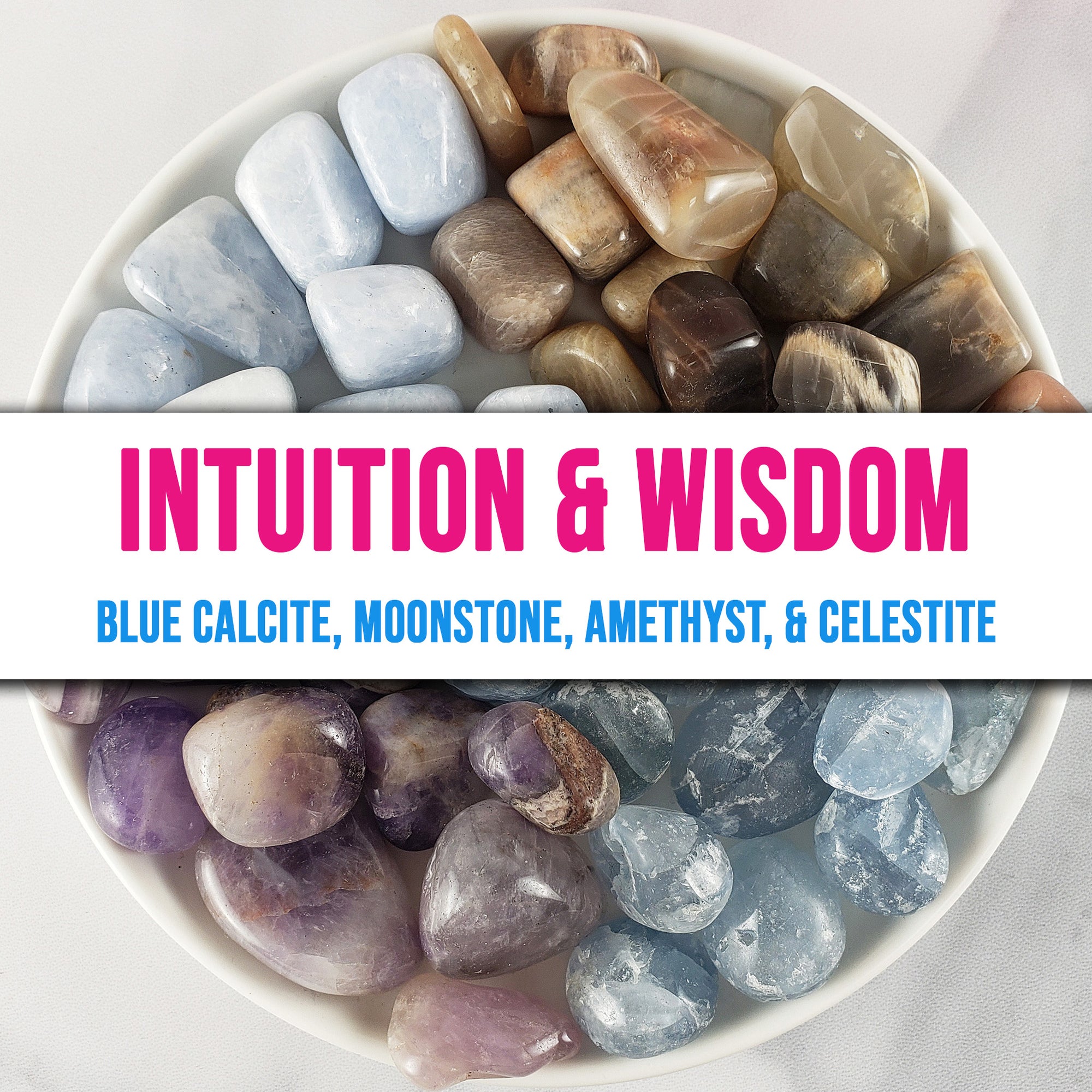Tumbled Stones Natural Crystal Set for Intuition & Spiritual Wisdom | Blue Calcite, Moonstone, Amethyst, Celestite