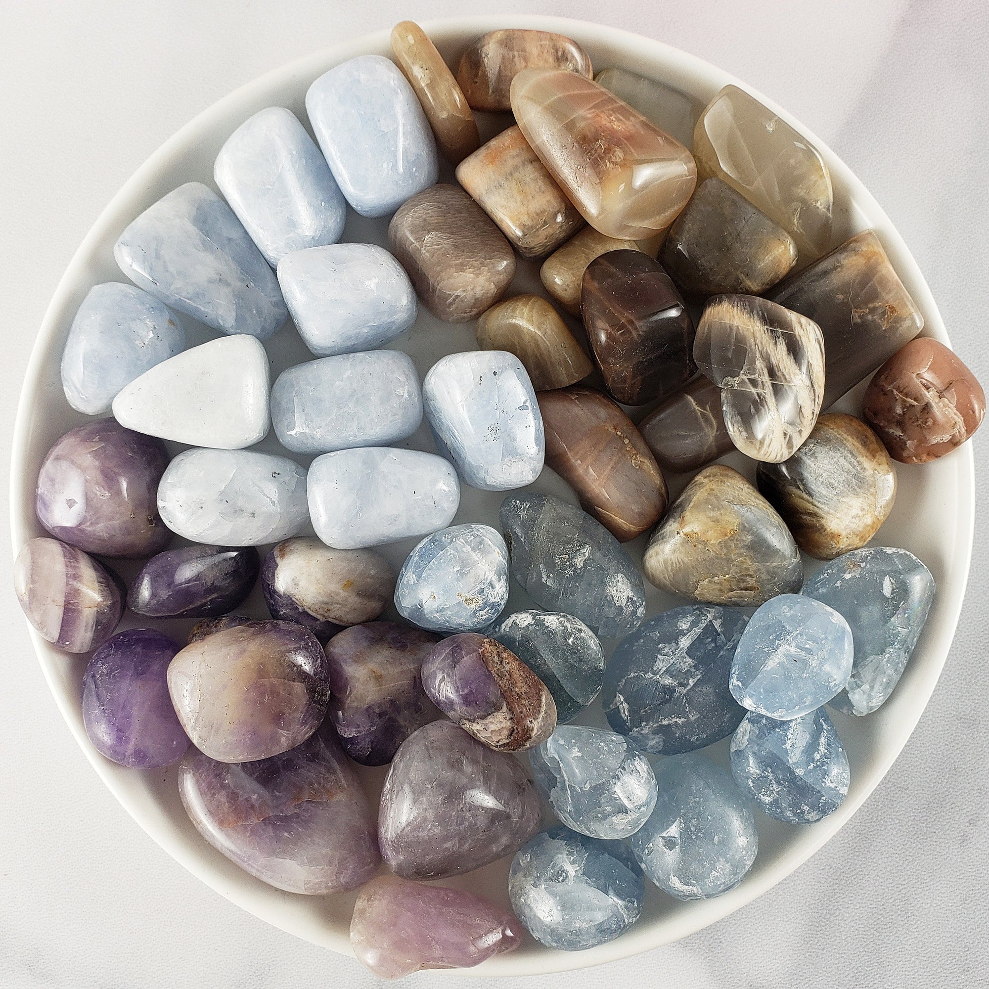 Tumbled Stones Natural Crystal Set for Intuition &amp; Spiritual Wisdom | Blue Calcite, Moonstone, Amethyst, Celestite - Psychic Abilities, Divination, Prophetic Visions