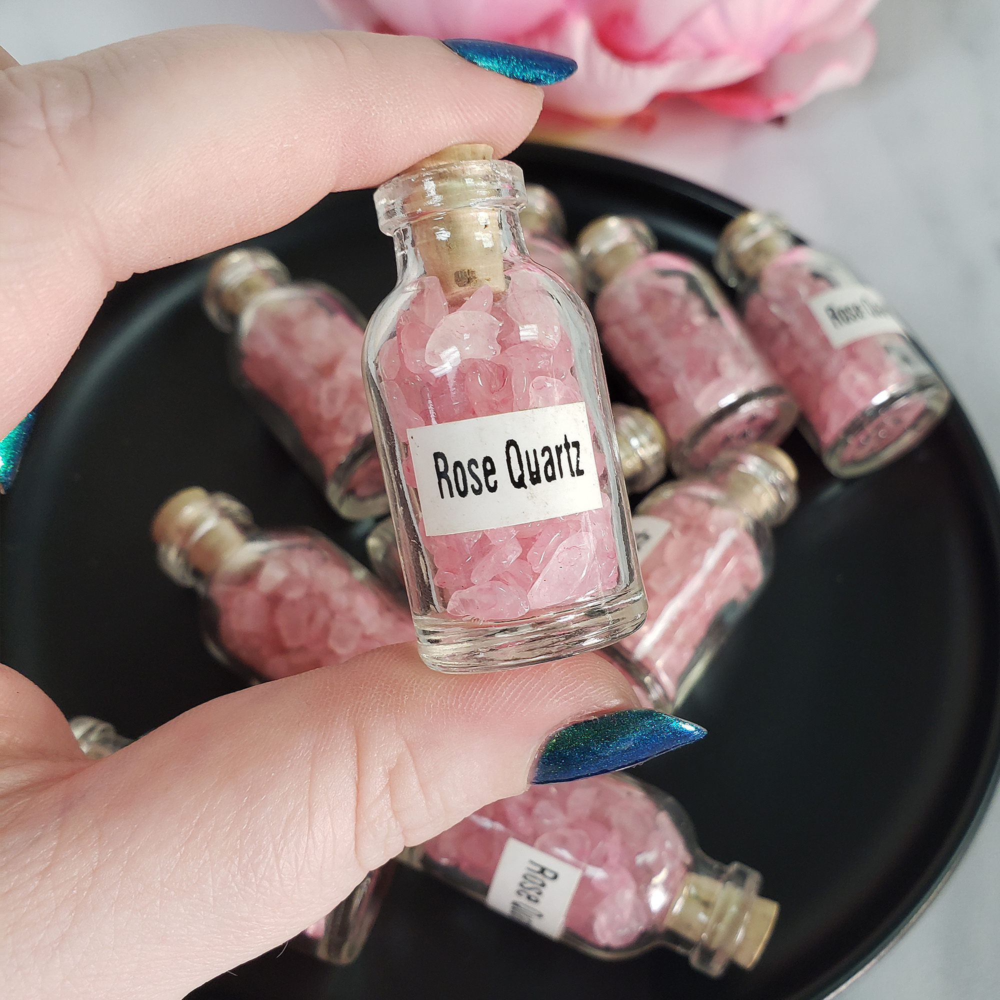 Rose Quartz Crystal Chips Chips in Glass Bottle | Color Enhanced