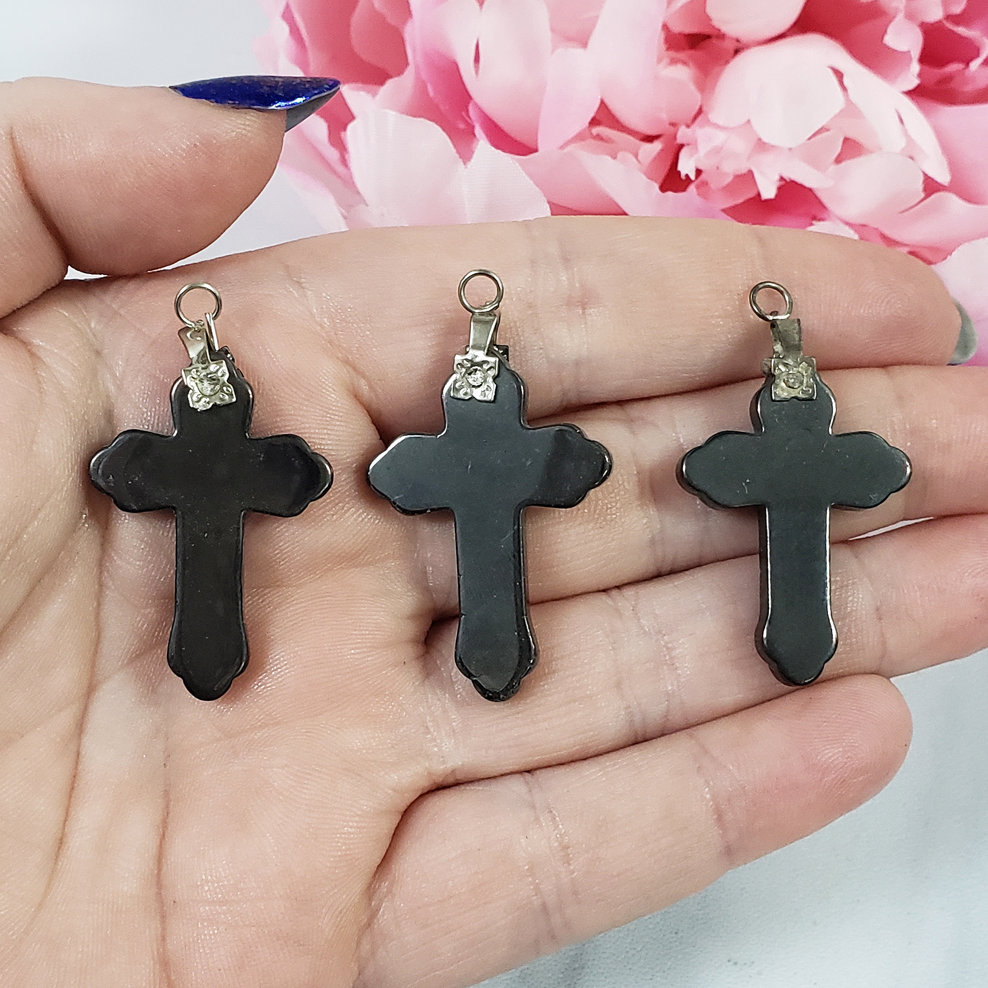 Stylized Hematite Stone Cross Pendant Natural Gemstone Pendant