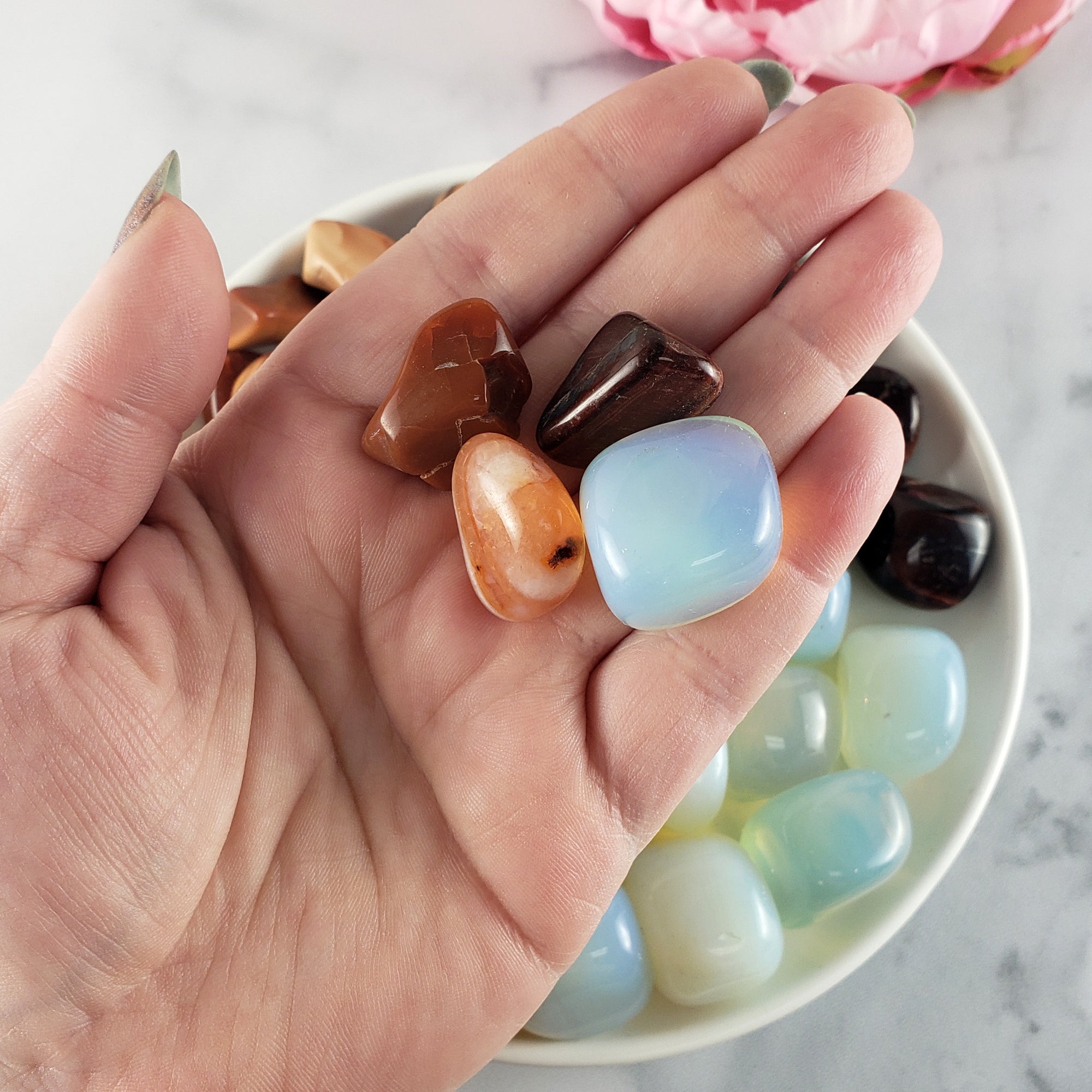 Tumbled Stones Crystal Set for Passion & Confidence | Red Tigers Eye, manmade Opalite, Carnelian, Common Red Opal