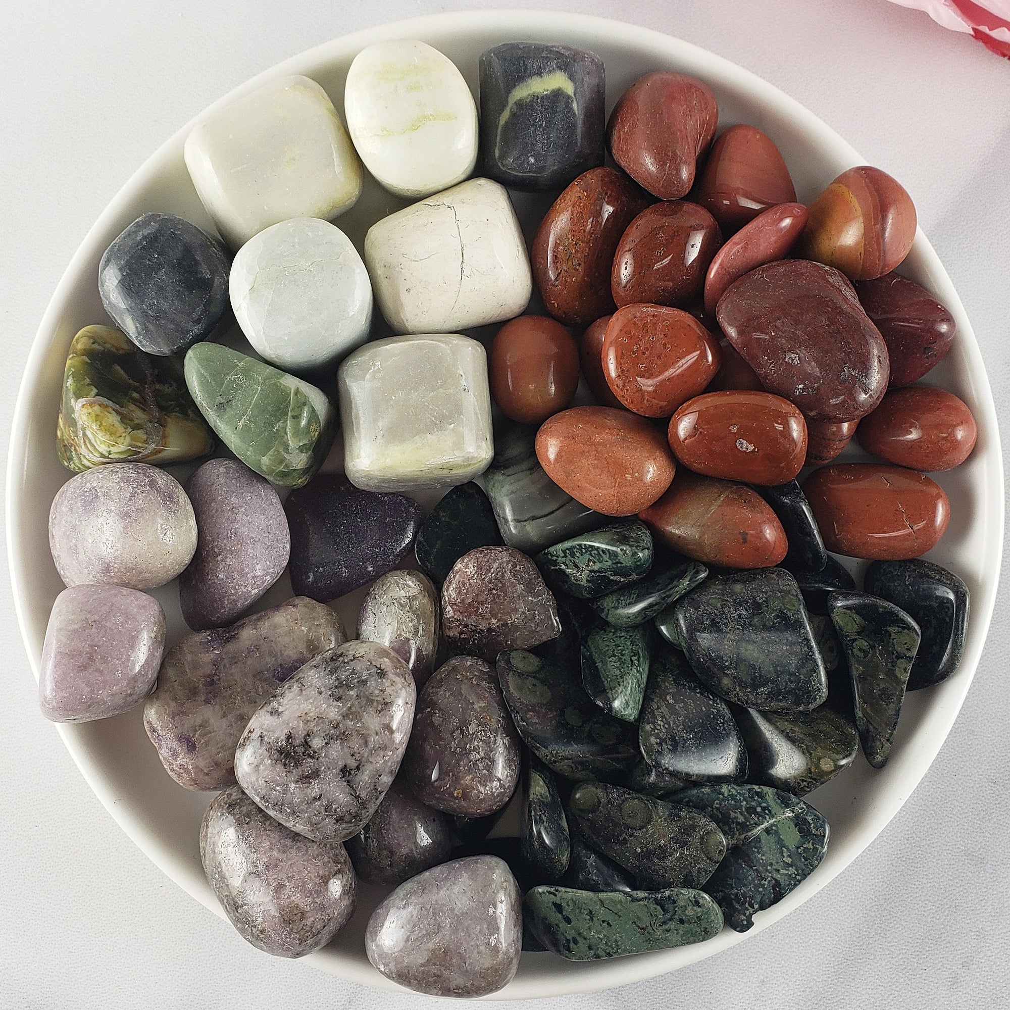 Tumbled Stones Natural Crystal Set for Emotional Balance | Infinite Serpentine, Red Jasper, Lepidolite, Kambaba Jasper - Heart Chakra Healing
