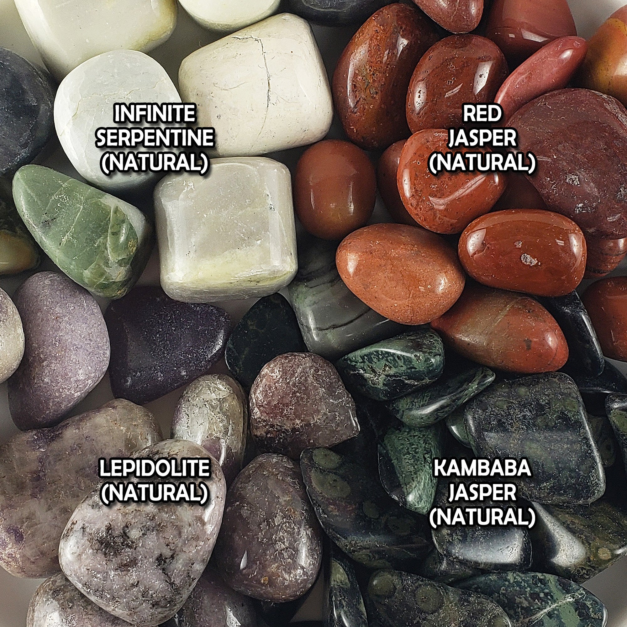 Tumbled Stones Natural Crystal Set for Emotional Balance | Infinite Serpentine, Red Jasper, Lepidolite, Kambaba Jasper - Emotional Stability, Emotional Healing, Joy