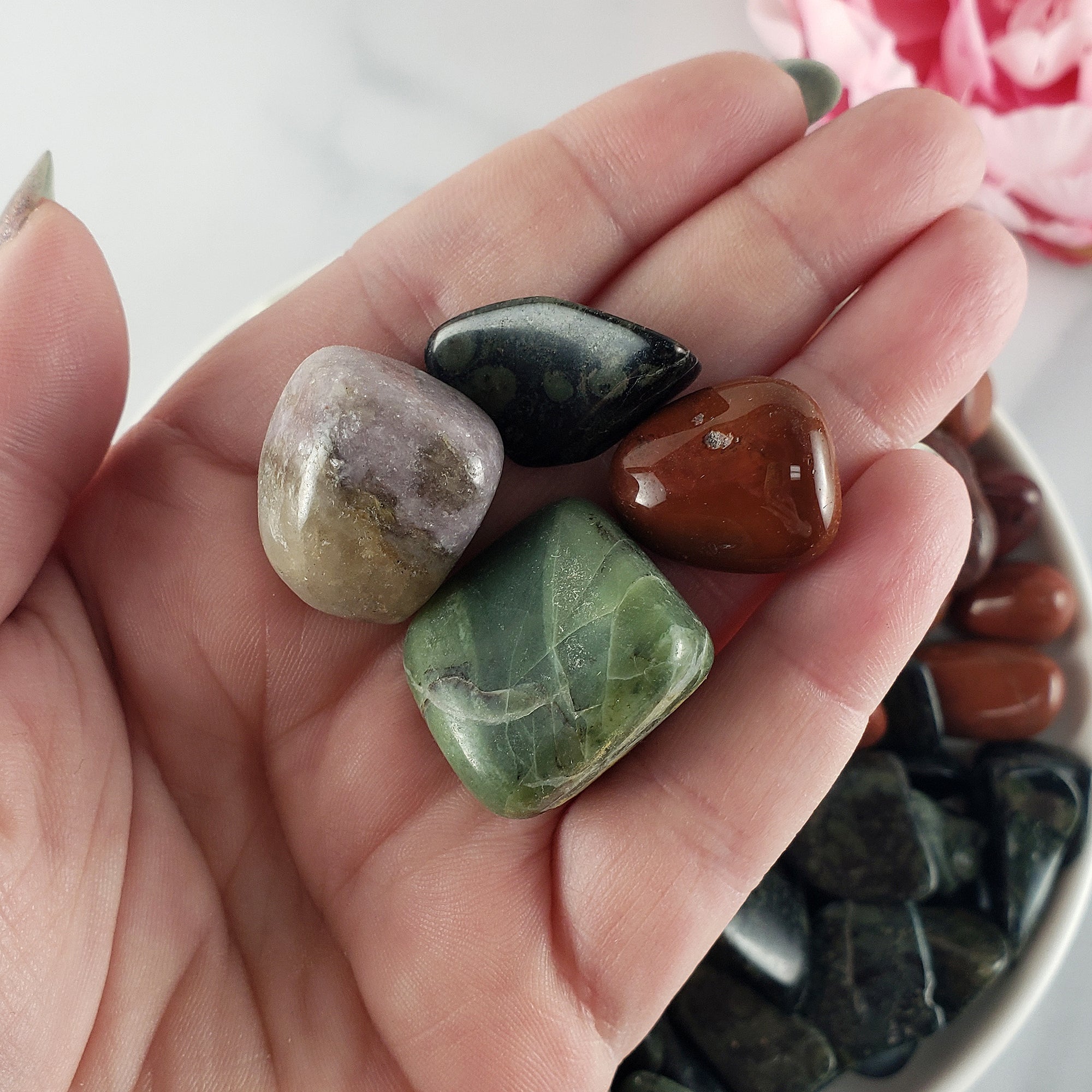 Tumbled Stones Natural Crystal Set for Emotional Balance | Infinite Serpentine, Red Jasper, Lepidolite, Kambaba Jasper - Happiness, Mindfulness, Gratitude