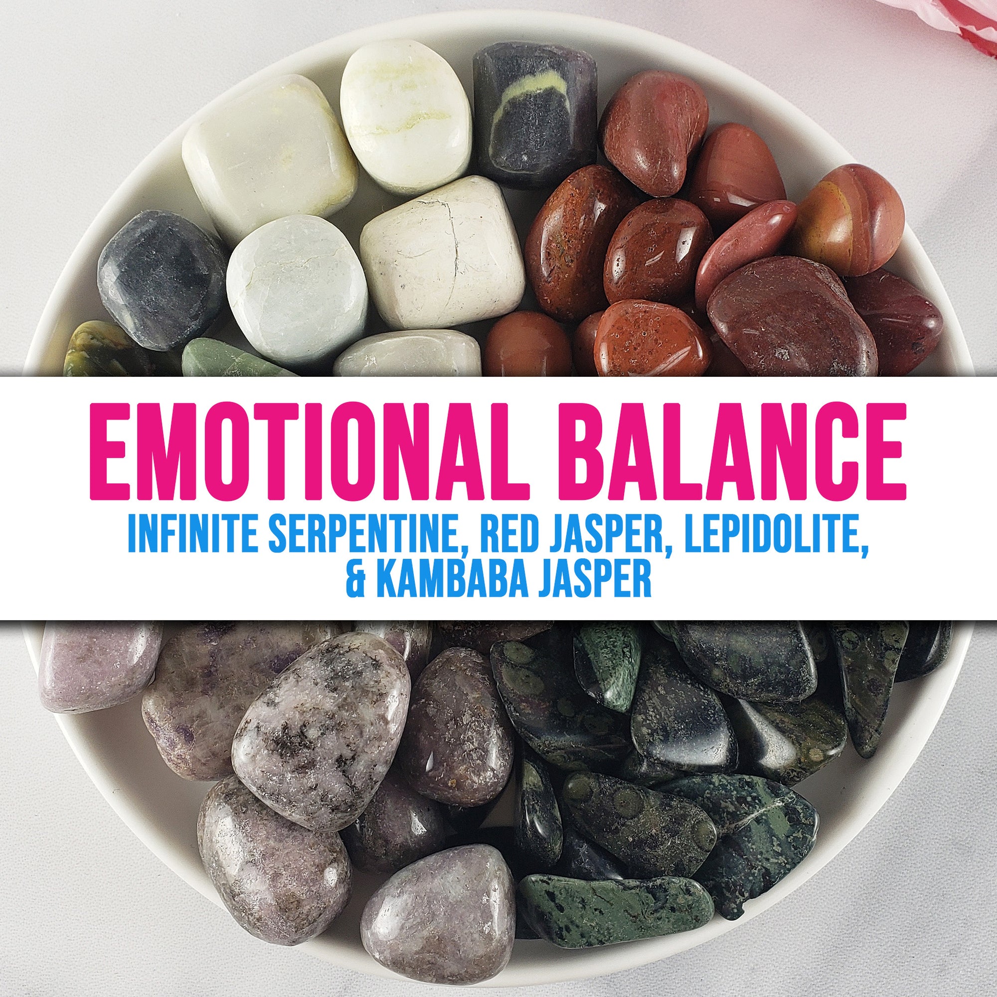 Tumbled Stones Natural Crystal Set for Emotional Balance | Infinite Serpentine, Red Jasper, Lepidolite, Kambaba Jasper