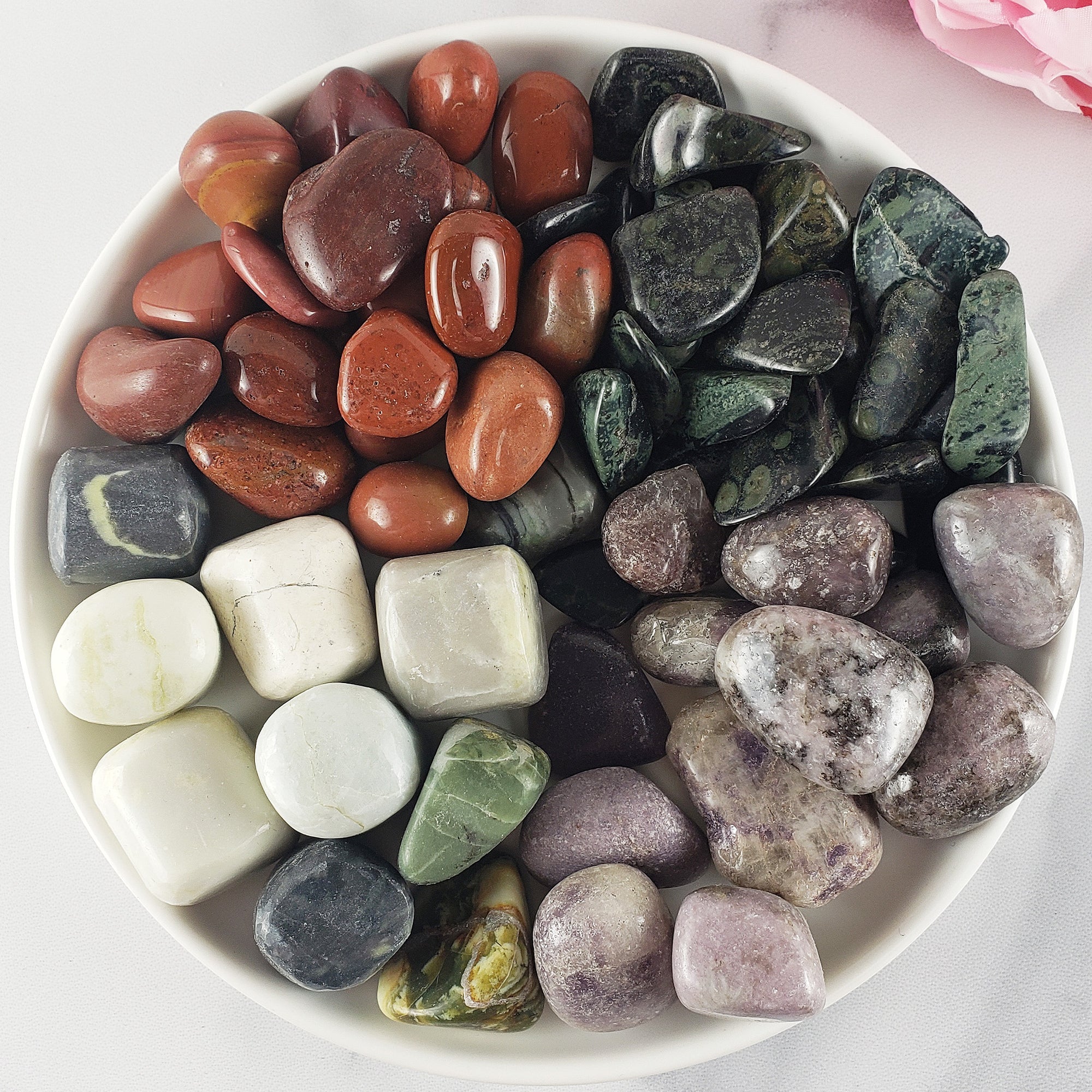Tumbled Stones Natural Crystal Set for Emotional Balance | Infinite Serpentine, Red Jasper, Lepidolite, Kambaba Jasper - Comfort, Self Love, Acceptance