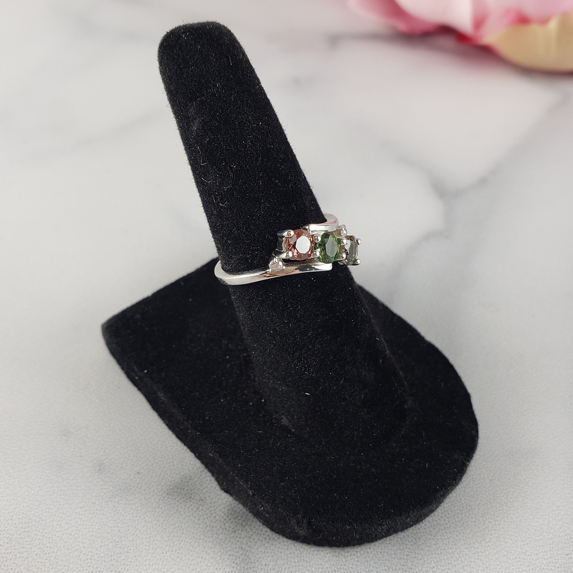 Pink Tourmaline, Green Tourmaline, &amp; Yellow Tourmaline Crystal Natural Gemstone 925 Sterling Silver Ring | Size 5 - 3