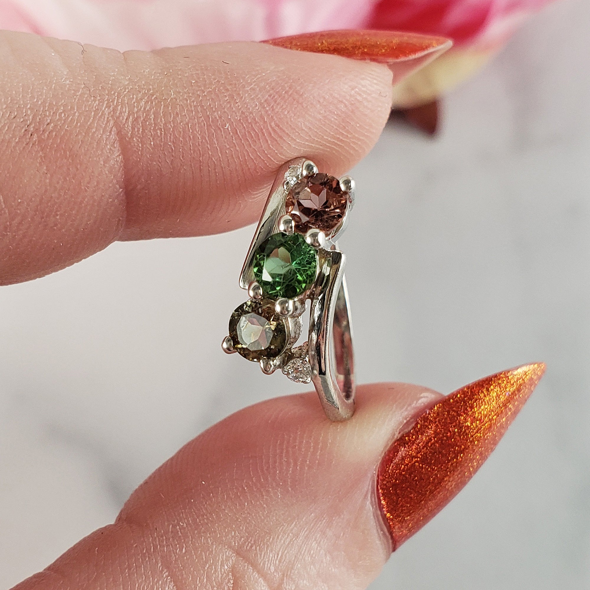 Pink Tourmaline, Green Tourmaline, & Yellow Tourmaline Crystal Natural Gemstone 925 Sterling Silver Ring | Size 5  - 1