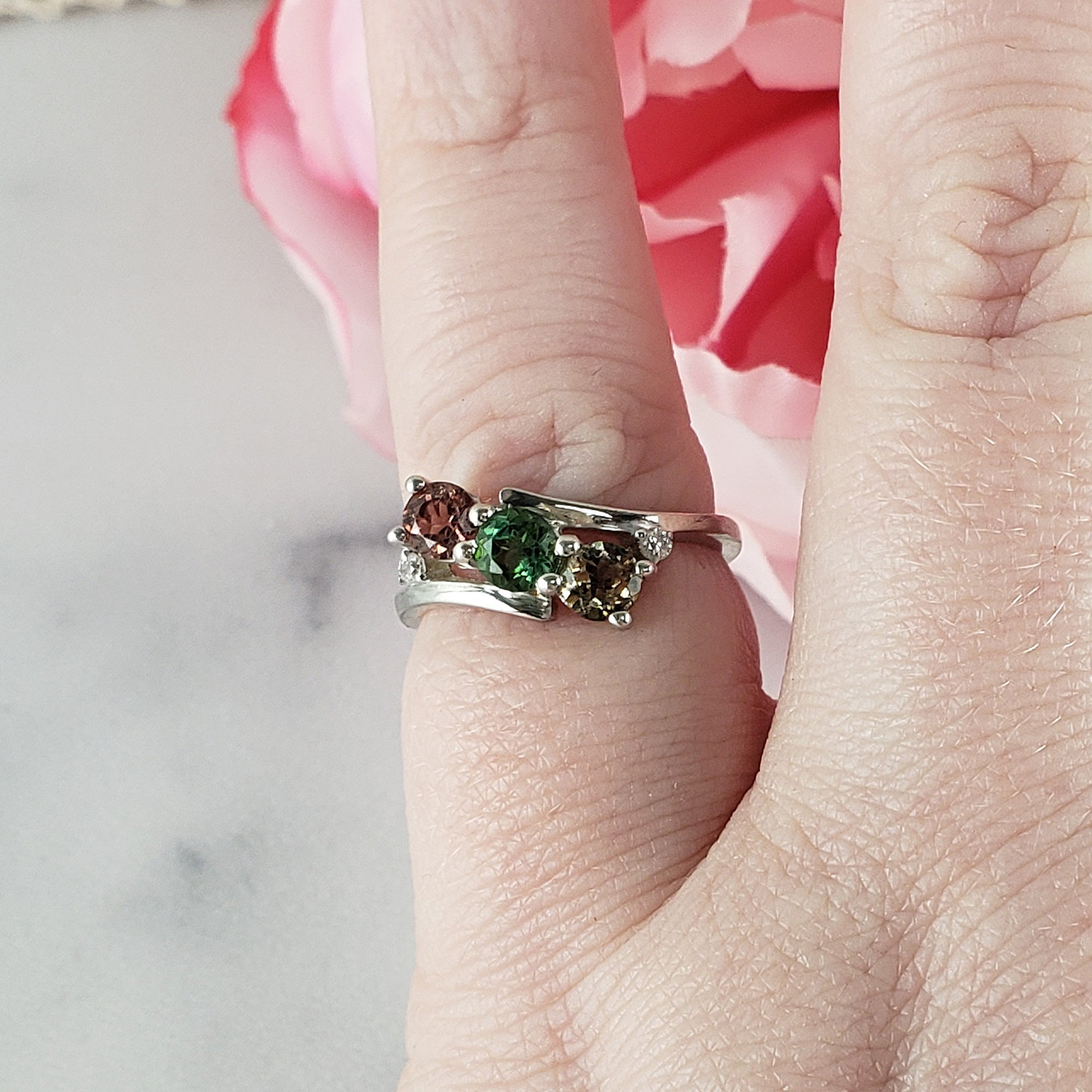 Pink Tourmaline, Green Tourmaline, & Yellow Tourmaline Crystal Natural Gemstone 925 Sterling Silver Ring | Size 5 - 2