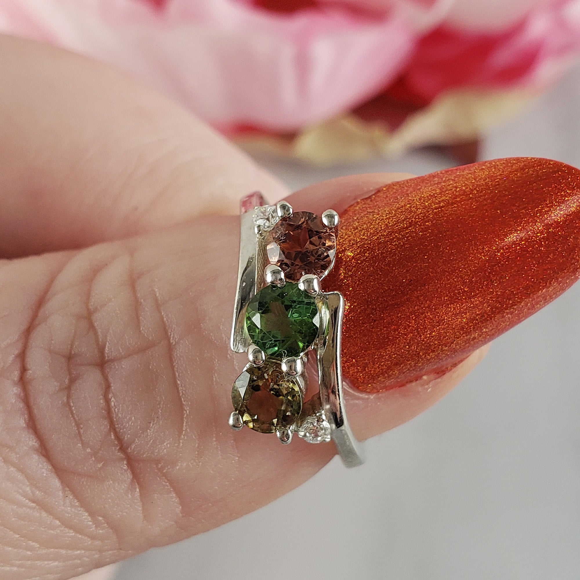 Pink Tourmaline, Green Tourmaline, &amp; Yellow Tourmaline Crystal Natural Gemstone 925 Sterling Silver Ring | Size 5 - 4