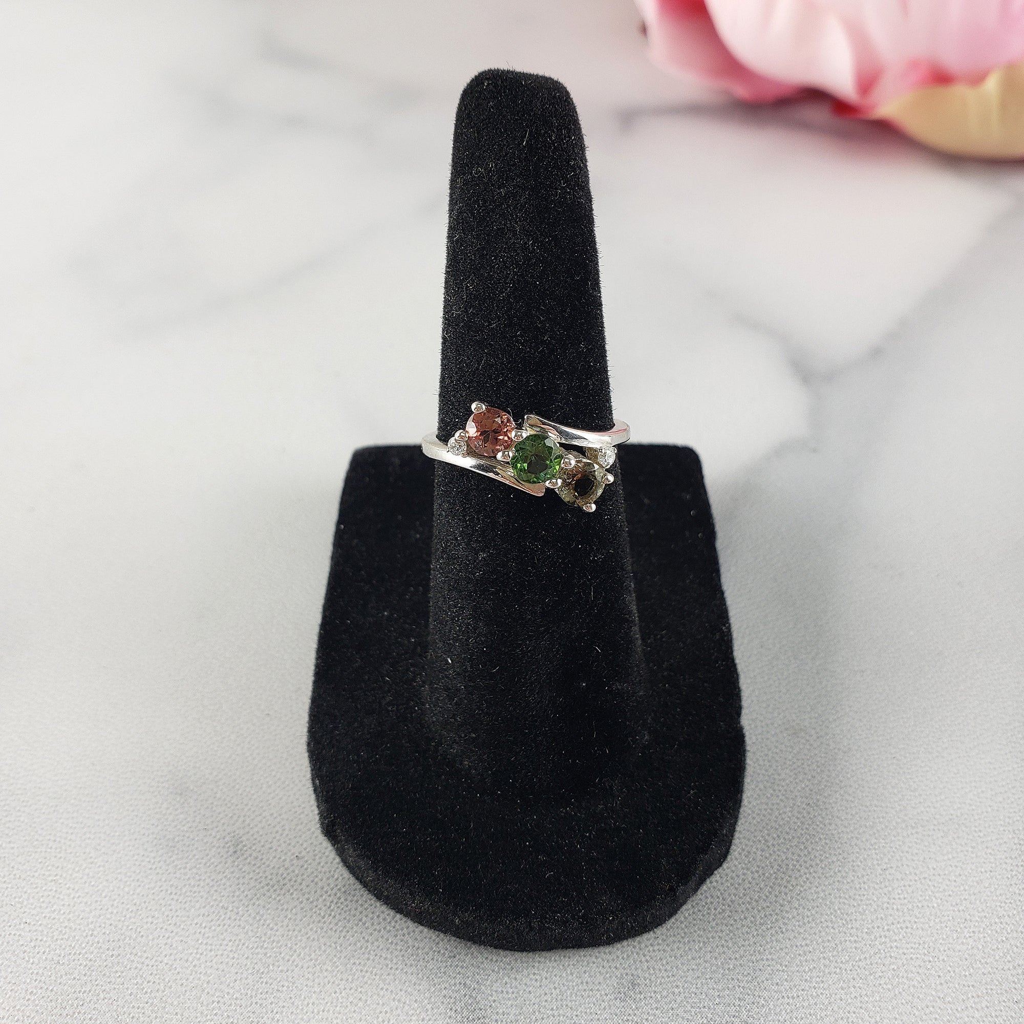 Pink Tourmaline, Green Tourmaline, & Yellow Tourmaline Crystal Natural Gemstone 925 Sterling Silver Ring | Size 5